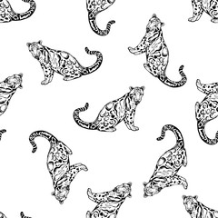 Seamless pattern of sketch style clouded leopards. Vector illustration isolated on white background.