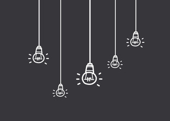 Fototapeta na wymiar five light bulbs hanging / cartoon vector and illustration, hand drawn style, isolated on dark background.