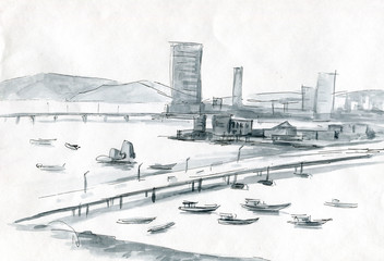 river in the city sketch