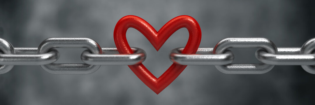 Red heart held by a steel chain background