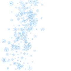 Winter frame with blue snowflakes for Christmas and New Year celebration. Holiday winter frame on white background  for banners, gift coupons, vouchers, ads, party events. Falling frosty snow.