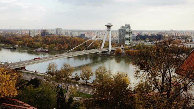 BRATISLAVA, SLOVAKIA - NOVEMBER 03, 2017: Aerial view of Bratislava with famous Bridge SNP in autumn day