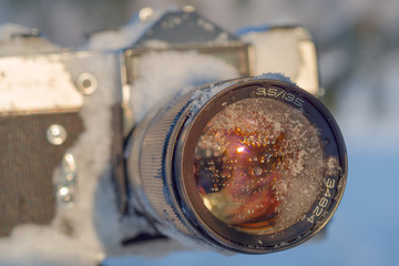 frozen the camera in a winter forest