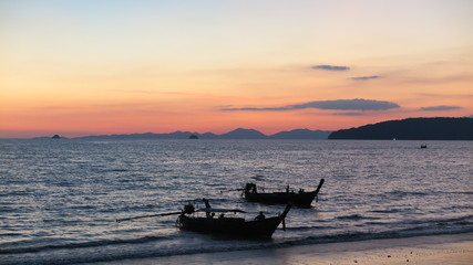 Tajlandia, łodzie, zachód, słońce, widok