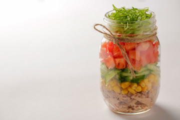 Healthy Homemade Mason Jar Salad with Tuna and Veggies - Healthy food, Diet, Detox, Clean Eating or Vegetarian concept