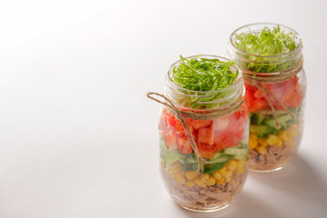Healthy Homemade Mason Jar Salad with Tuna and Veggies - Healthy food, Diet, Detox, Clean Eating or Vegetarian concept