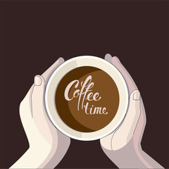 cup in hand on a chocolate background and letting coffee time