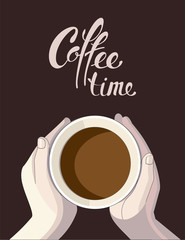 cup of coffee in hands on a dark background and letting coffee time