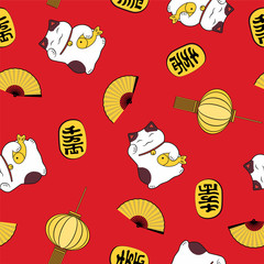 cute seamless pattern open fan  festive lantern happy coin and symbol of good luck cat maneki neko on red background