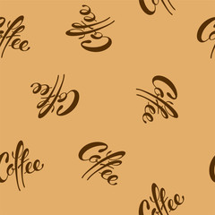 lettering coffee seamless pattern on a caramel background