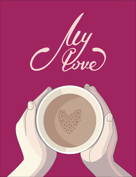 Fototapeta a cup of coffee in hand with a heart of spices and lettering my love