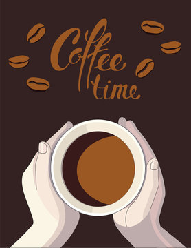 Fototapeta cup of coffee in hands and coffee beans on a dark background with lettering coffee time
