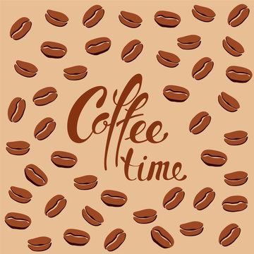 Fototapeta Lettering coffee time and coffee beans on a caramel background