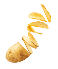 Flying potato slices turning into chips