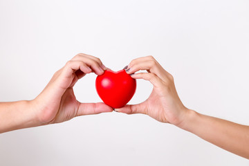 Man's hand and woman's hand holding a red heart.  Isolated on white background. Studio lighting.