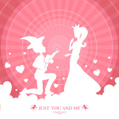 Plakat design of pink color with rays and with the silhouette of a guy and a girl