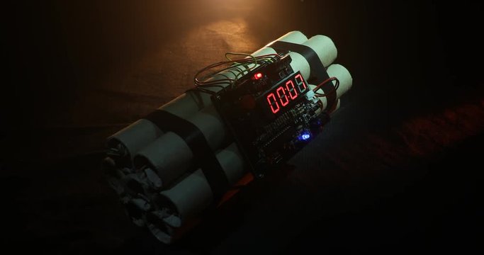 Countdown Explosive Tnt Bomb With Digital Timer. Dynamite bomb disposal with a clockwork mechanism