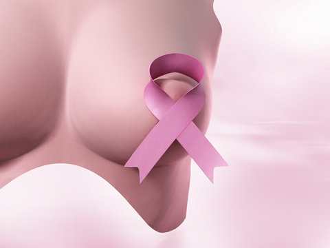 Pink ribbon on woman breast. 3D illustration