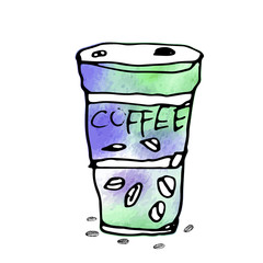 Vector paper coffee cup . Watercolor texture. Hand drawn ink sketch.