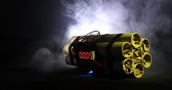 Countdown Explosive Tnt Bomb With Digital Timer. Dynamite bomb disposal with a clockwork mechanism