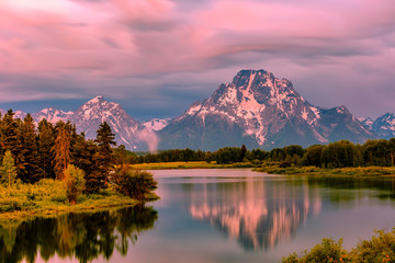 Mountains in Grand Teton National Park at sunrise. Oxbow Bend on the Snake River.