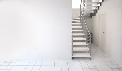 Modern interior with stairs. 3d illustration. Mock up wall