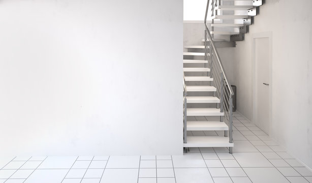 Modern interior with stairs. 3d illustration. Mock up wall