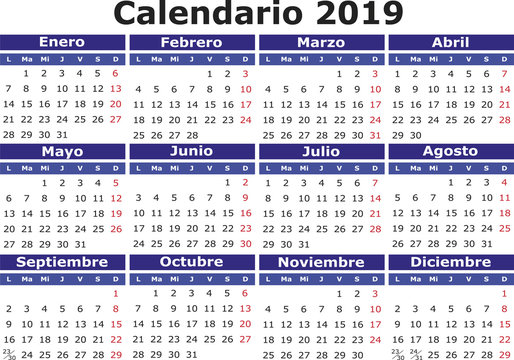 Spanish Calendar 2019 horizontal