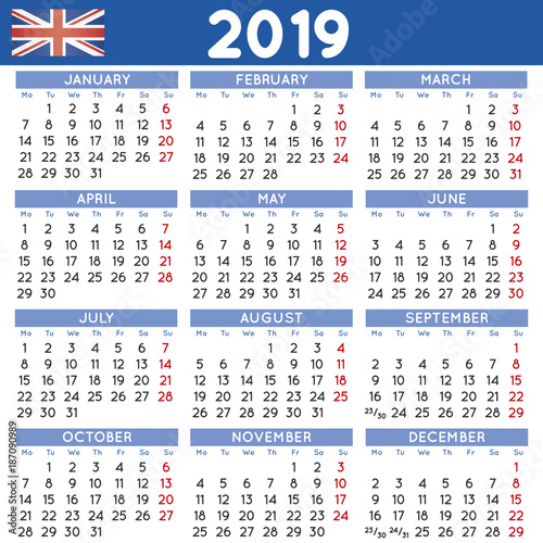 "2019 Squared calendar english UK week starts on Monday ... "2019 Squared calendar english UK week starts on Monday ...