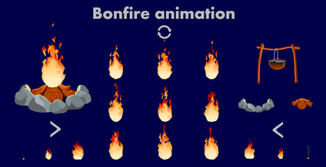 Vector bonfire animation sprites, vector flame video frames for game design