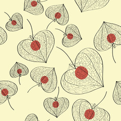 Fototapeta na wymiar Seamless vector autumn pattern based on the image of dry physalis. Black thin line pattern with red fruits on a light yellow background.