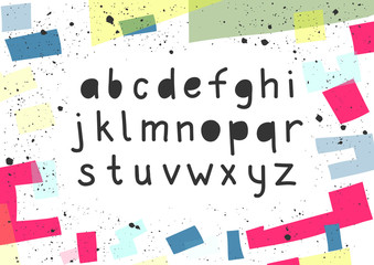 Vector trendy lowercase handwritten alphabet with black fill in unusual frame.