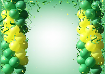 Holiday Background with Party Balloons and Falling Confetti - Festive Illustration in Green and Yellow Combination, Vector