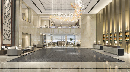 3d rendering luxury hotel reception hall and lounge restaurant - obrazy, fototapety, plakaty