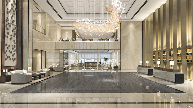 3d rendering luxury hotel reception hall and lounge restaurant