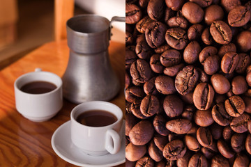 collage coffee beans and cezve and mugs of coffee