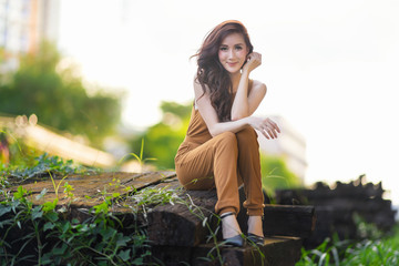 Charming Woman Out Door Portrait Posing Against Sunshine Day