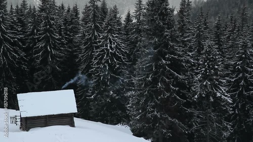 Stove Chimney Smoke In A Mountain Hut Cabin In The Forest Woods