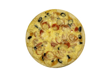 Appetizing pizza with cheese, tomatoes, olives and sausage on a white isolated background