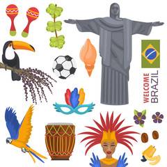 Brazil travel color icons set isolated on white