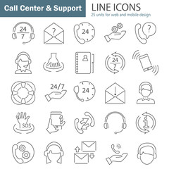 Support and call center line thin icons set for web and mobile design