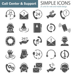 Support and call center simple icons set for web and mobile design