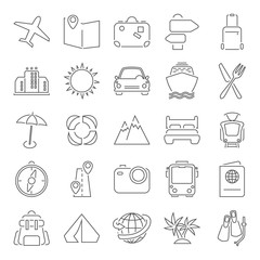Travel and vacation line thin icons set for web and mobile design