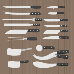 Butchery equipment big set. Flat butcher shop design elements and tools icons. Meat cutting items.