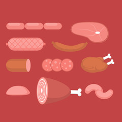 Raw meat products. Butchery big set. Flat butcher shop design elements and food icons.