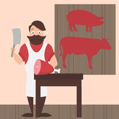 Flat butcher shop design elements and icons. Meat products. Man character.
