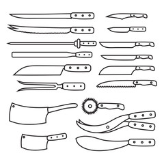 Butchery equipment big set. Outline butcher shop design elements and tools icons. Meat cutting items.