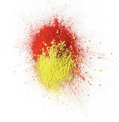 Two colors powder splashing against white background