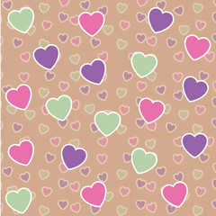 Romantic background. Vector texture of hearts pink, purple and green. Gentle beautiful pattern.