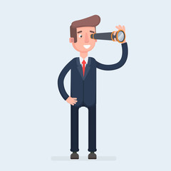 Concentrated businessman looking through the spyglass. Business vision and perspective planning concept.